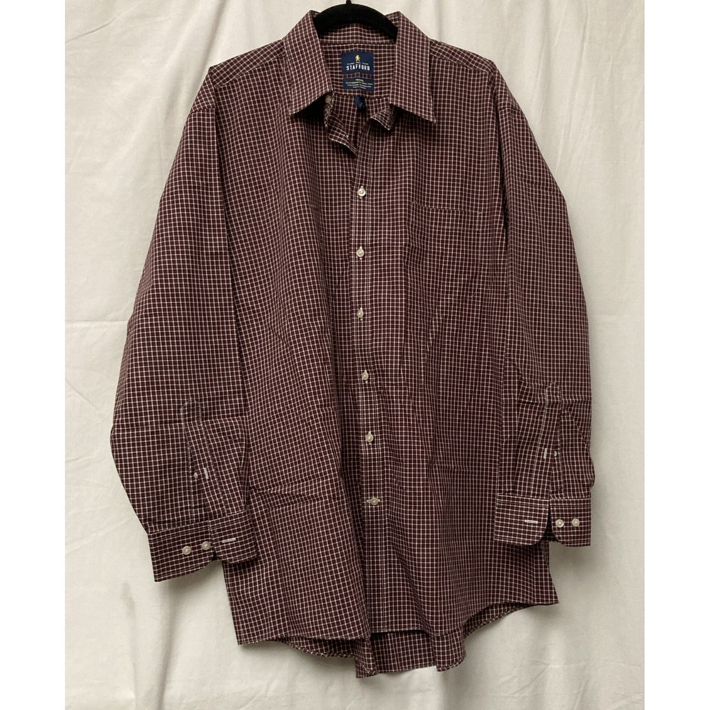 Stafford Men's Red Check Travel‎ Performance Long Sleeve Button Up - SZ 18 34/35